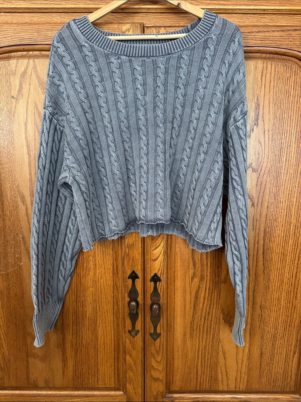 Sincerely Jules Gray Cable-Knit Cropped Crewneck Sweater